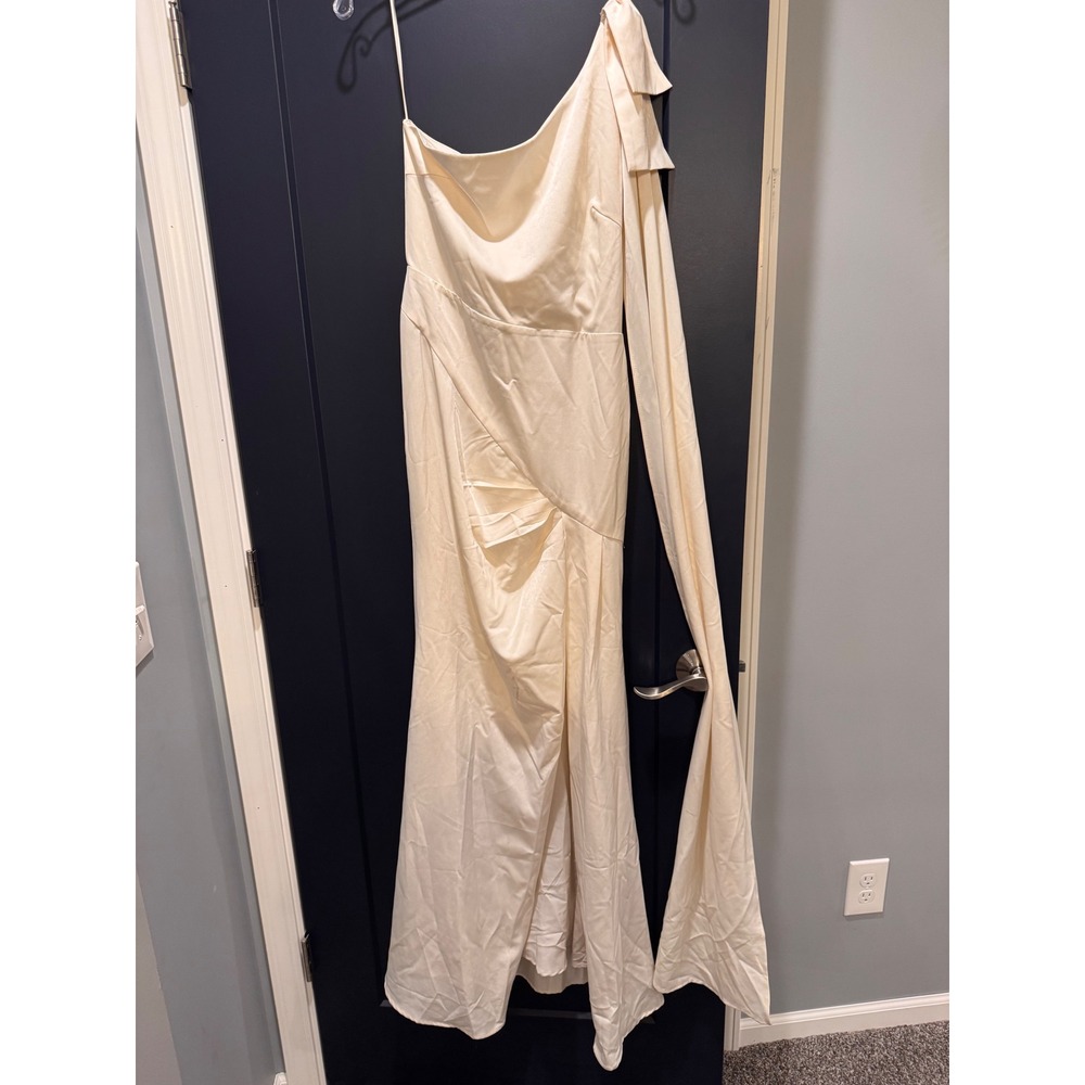 Meshki One Shoulder Satin Maxi Dress Bow Detail Formal Wedding Guest Cream Sz S - Picture 9 of 14